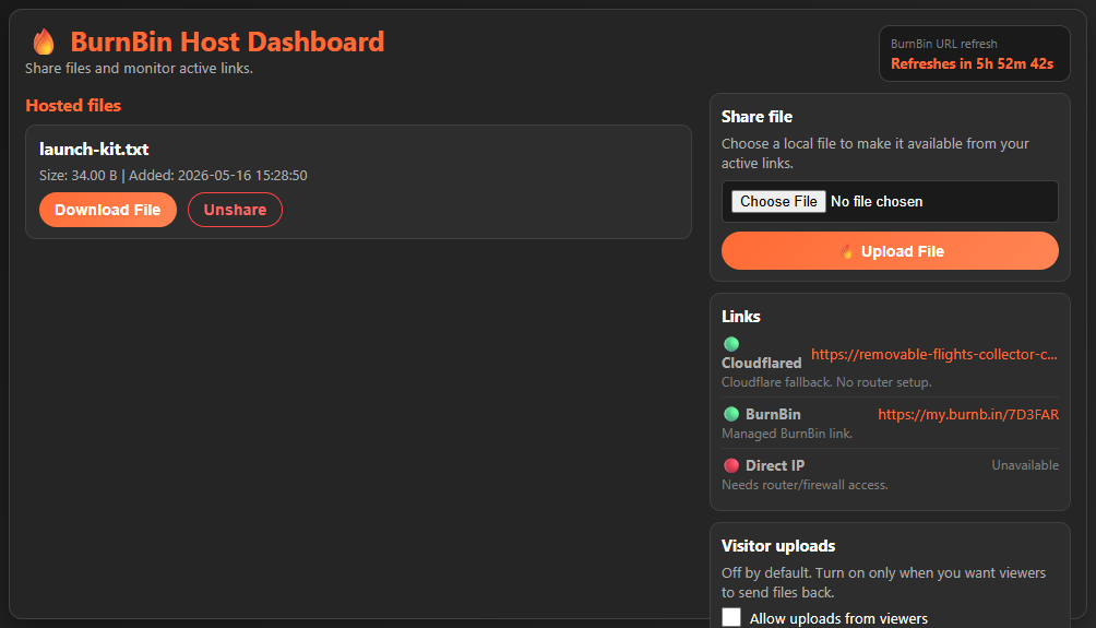 BurnBin host dashboard with hosted files, share controls, and link status